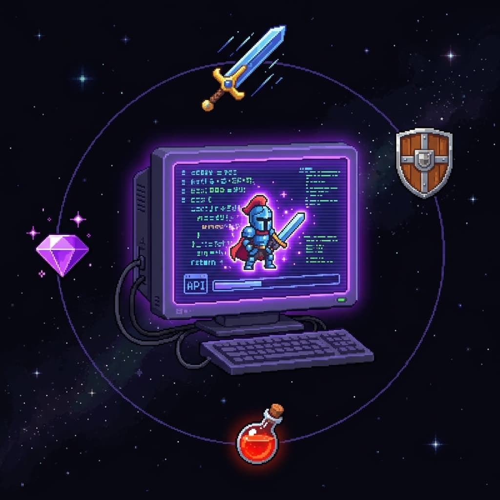 AI generating game assets via API - pixel art terminal with orbiting game items