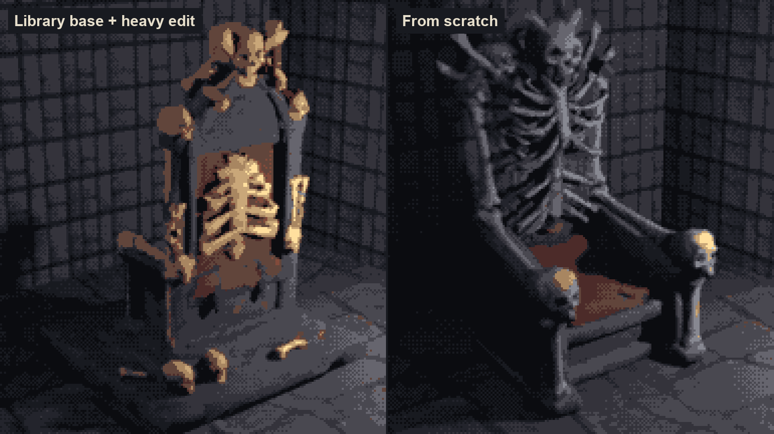 Kitbash a Library Model or Generate from Scratch? What a Bone Throne and a Ghoul Knight Taught Us