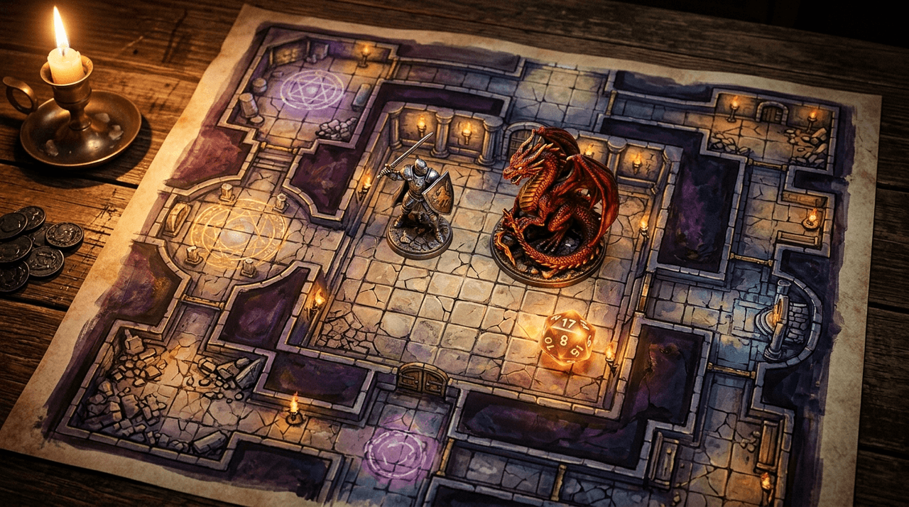 An AI-generated tabletop battle map with miniatures, dice and candlelight