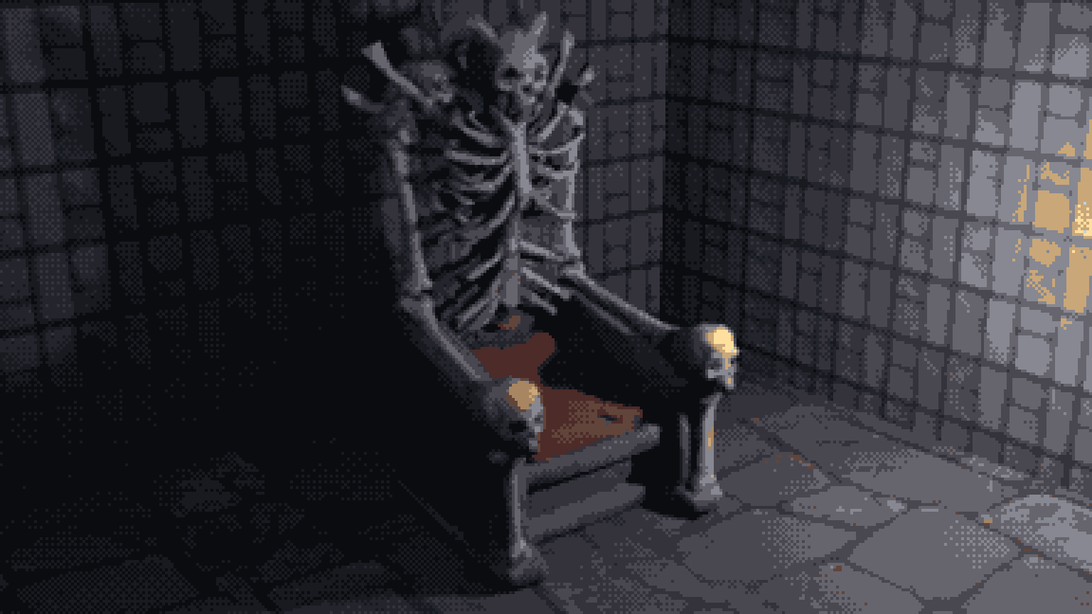 A skeletal bone throne with skull armrests in a dark dithered stone room, lit by cold light from the right