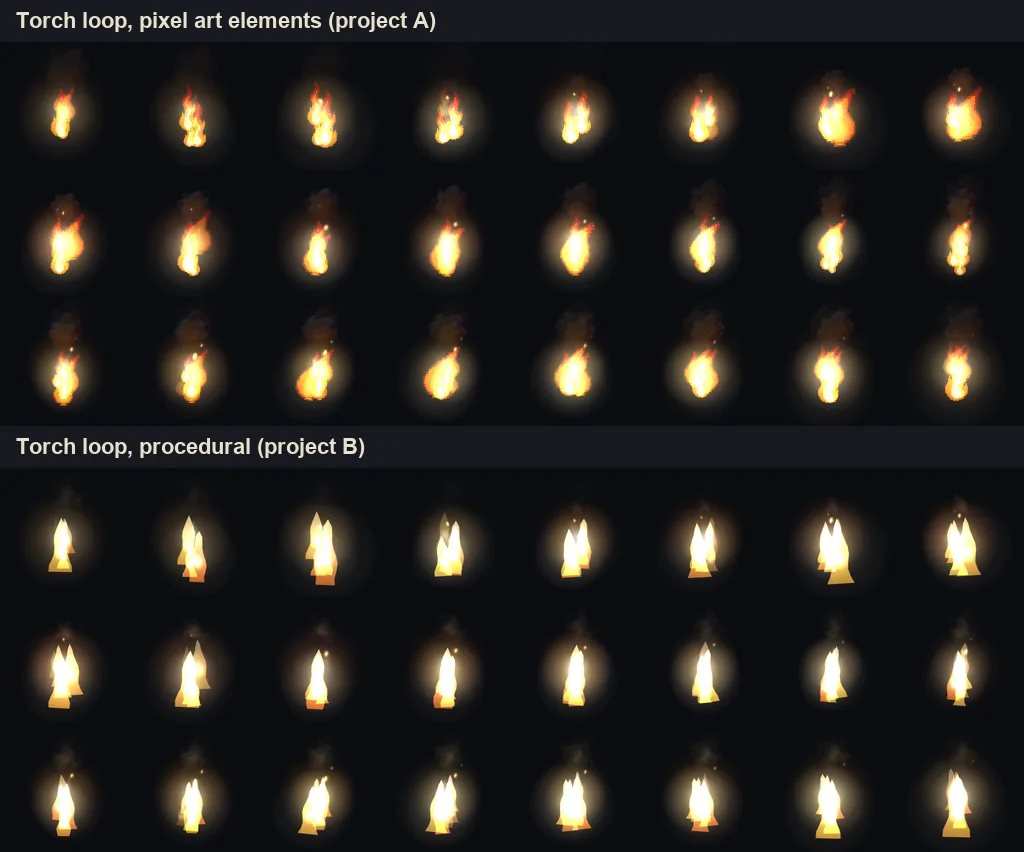 Two torch fire sprite sheets: chunky pixel flames for project A above, a smooth procedural flame for project B below