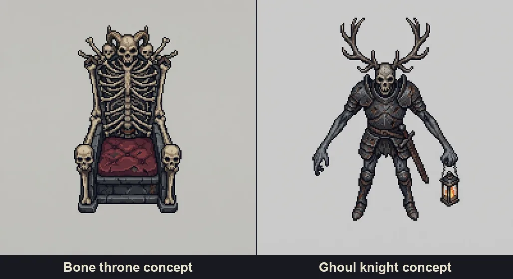 Two pixel art concepts generated in the dark project: a throne whose backrest is a full skeleton with skull armrests, and an antlered ghoul knight in dark armor holding a lantern