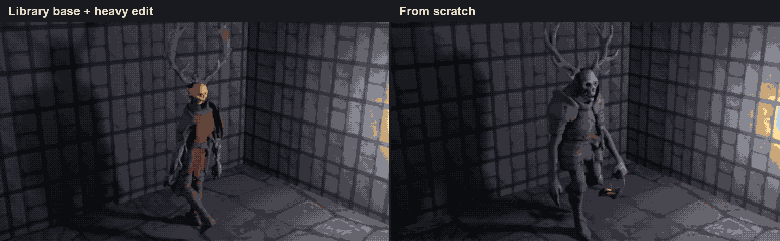 The two ghoul knights in the same dark dithered stone room: the edited library version on the left and the sturdier from scratch version on the right
