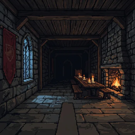 Pixel art reference of a dark stone dungeon hall with a red banner, a moonlit gothic window, a long candlelit table and a burning hearth