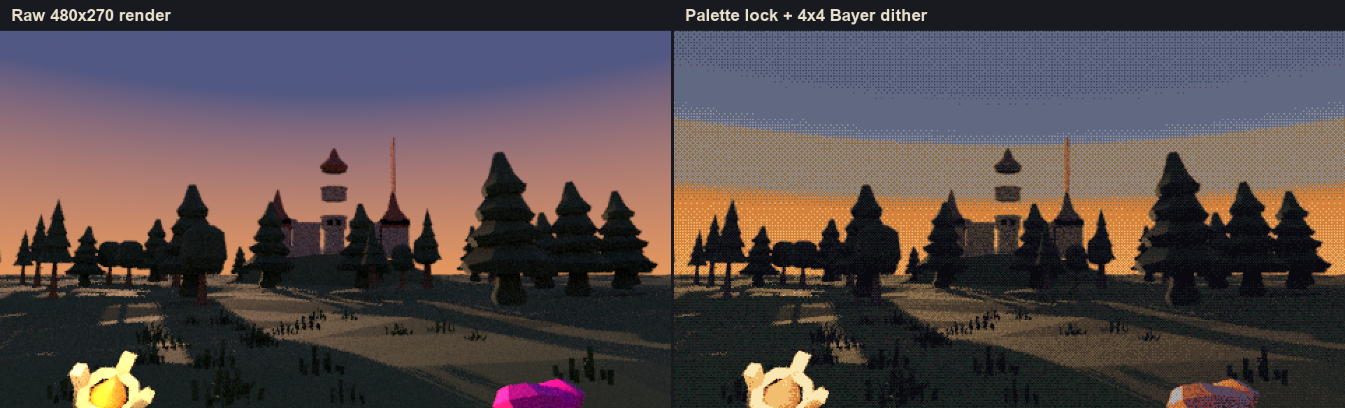 The same first-person frame of a field with pine trees and a castle at dusk, on the left as a raw 480x270 render with smooth gradients, on the right after palette lock and 4x4 Bayer dithering