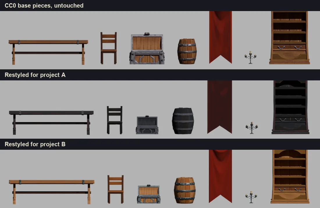 Three rows of the same CC0 furniture: the untouched kit with brown wood and a red banner, the dark project version in near black wood and iron, and the painted project version in warm honey oak
