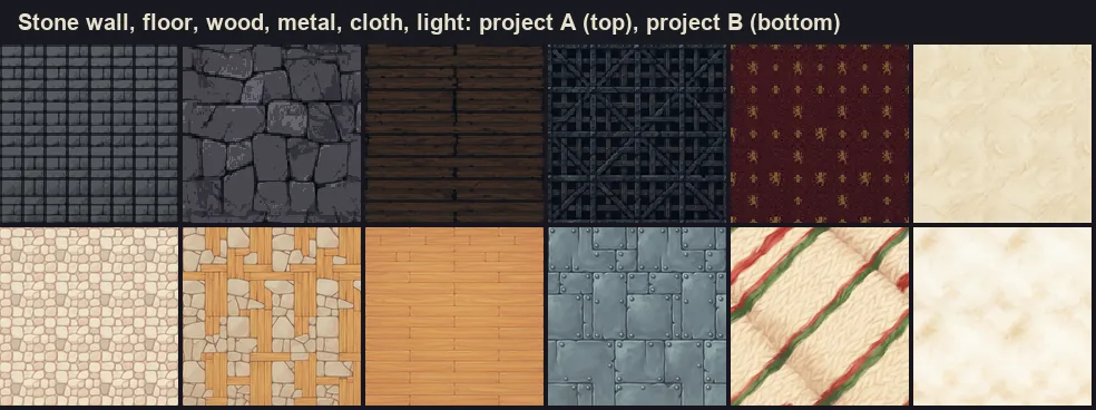 Twelve seamless textures in two rows: dark stone, cracked flagstones, dark planks, iron lattice, crimson heraldic cloth and parchment for project A; pale cobbles, mixed stone and wood floor, honey wood, riveted steel, striped wool and cream plaster for project B
