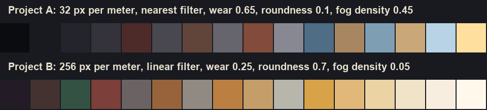 Two rows of 16 color swatches: project A from near black through slate greys, rust and cold blues to candle yellow; project B from dark plum through honey and oak to cream