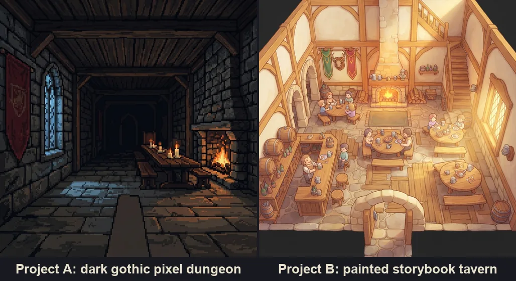 Two style references side by side: a dark pixel art dungeon hall with a banner and a hearth, and a bright painted tavern seen from above with round tables and wooden beams