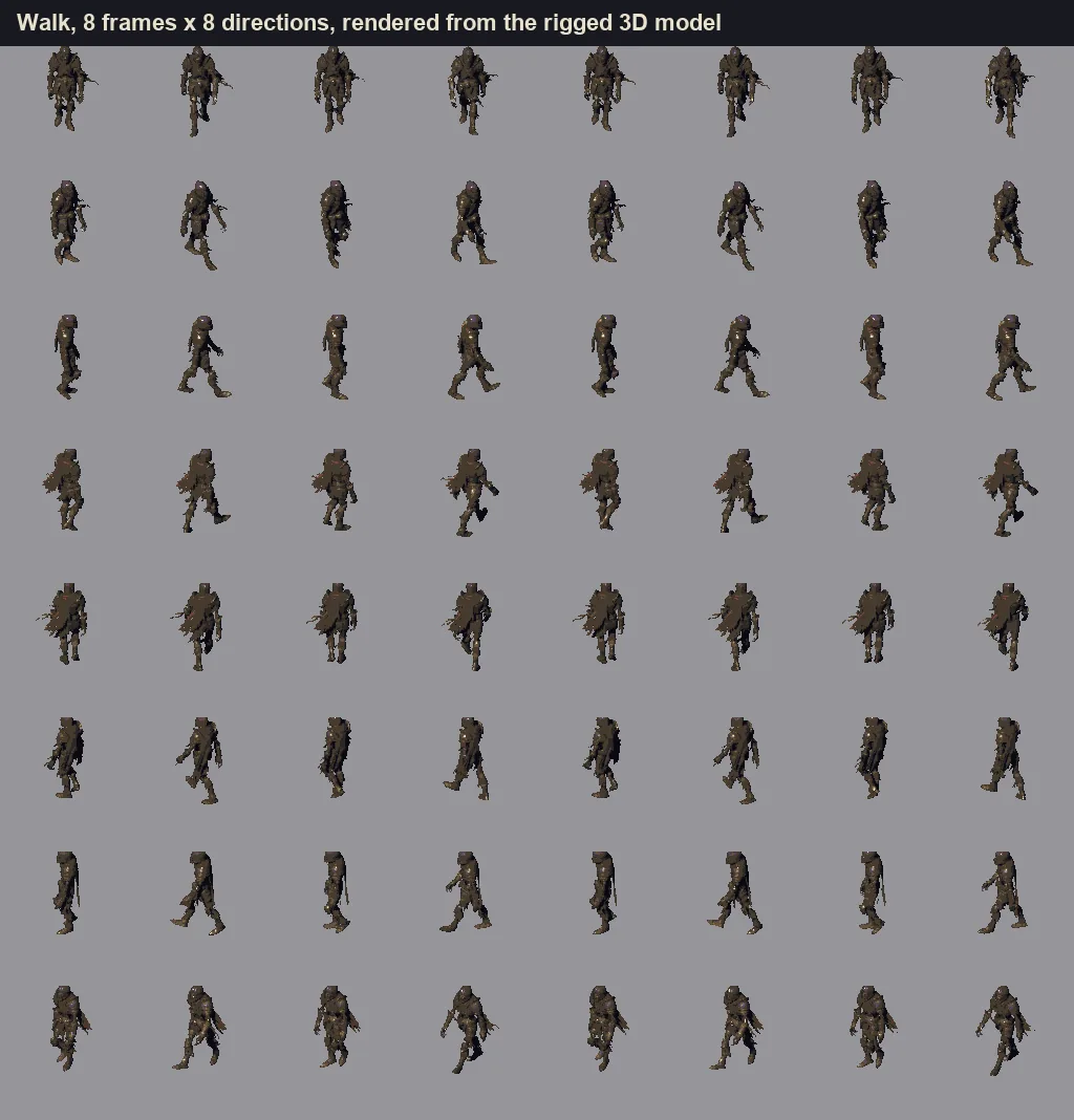 Sprite sheet of a dark armored creature walking, 8 frames per row and one row for each of 8 directions, rendered from its rigged 3D model